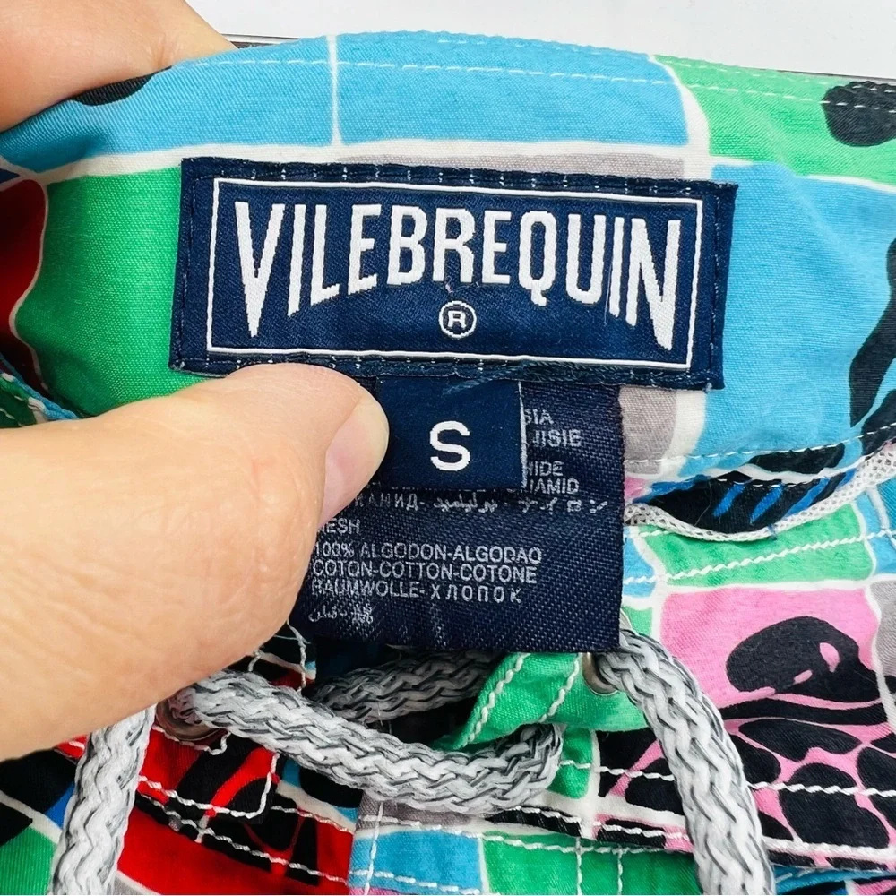Vilebrequin Mens Swim Trunks Blue Green Sea Turtle‎ Shorts W/Drawstring Size Sm